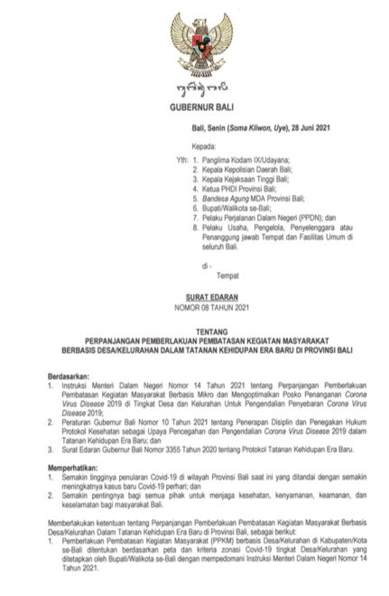 Surat Edaran Perpanjangan PPKM Provinisi Bali Surat Edaran Perpanjangan PPKM Provinisi Bali