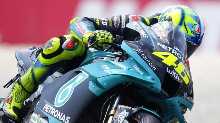 Yamaha rider Valentino Rossi of Italy competes during the MotoGP race at the Dutch Grand Prix in Assen, northern Netherlands, Sunday, June 27, 2021. (AP Photo/Peter Dejong)