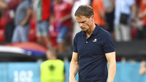 Netherlands coach Frank de Boer looks dejected after the Euro 2020 soccer championship round of 16 match between the Netherlands and Czech Republic at the Puskas Arena in Budapest, Hungary, Sunday, June 27, 2021. (Attila Kisbenedek/Pool via AP)