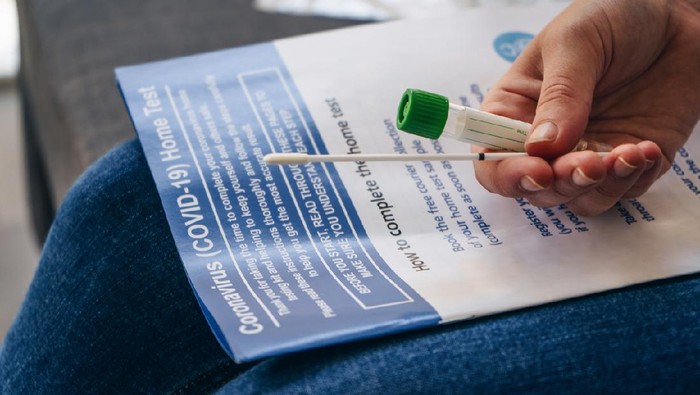 Young woman  holds a swab and medical tube for the coronavirus / covid19 home test