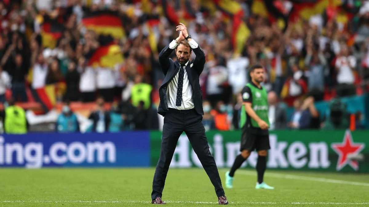 Gareth Southgate merayakan kemenangan Inggris atas Jerman. (Foto: Getty Images/Catherine Ivill)