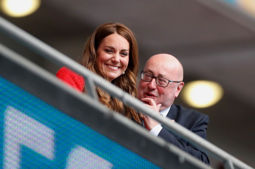LONDON, ENGLAND - JUNE 29: Catherine, Duchess of Cambridge looks on prior to the UEFA Euro 2020 Championship Round of 16 match between England and Germany at Wembley Stadium on June 29, 2021 in London, England. (Photo by Matthew Childs - Pool/Getty Images)