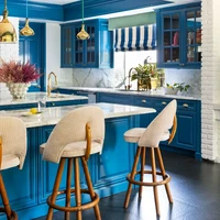 Untuk dapur, Cara Delevingne memilih biru sebagai warna utama. Biru adalah warna favoritnya. (Foto: Architectural Digest/Laure Joliet)