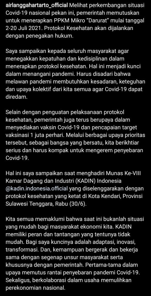 Airlangga soal PPKM Darurat