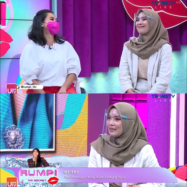 Setelah viral, Meitry dan Qorry diundang oleh Rumpi Transtv untuk berbagi kisah mereka. Dalam tayangan televisi pada Rabu (30/6/2021), Meitry menceritakan kisahnya yang dulu bekerja sebagai pramugari, kini banting setir berjualan lontong sayur. Aku berhentinya (jadi pramugari) sudah satu tahun. Cita-citaku memang ingin menjadi pramugari, kata Meitry. Foto: Dok. Rumpi Transtv.