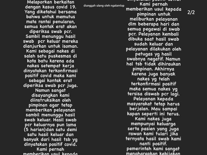 Jagat maya dikejutkan pengakuan seorang nakes yang tetap melayani warga di Puskesmas Kota Batu meski terpapar COVID-19.