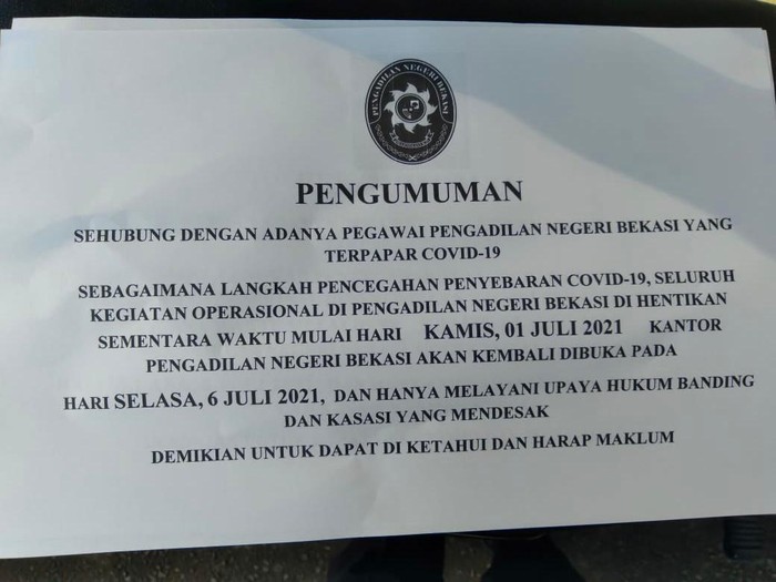 Pengumuman PN Bekasi ditutup 6 hari (Dok istimewa)