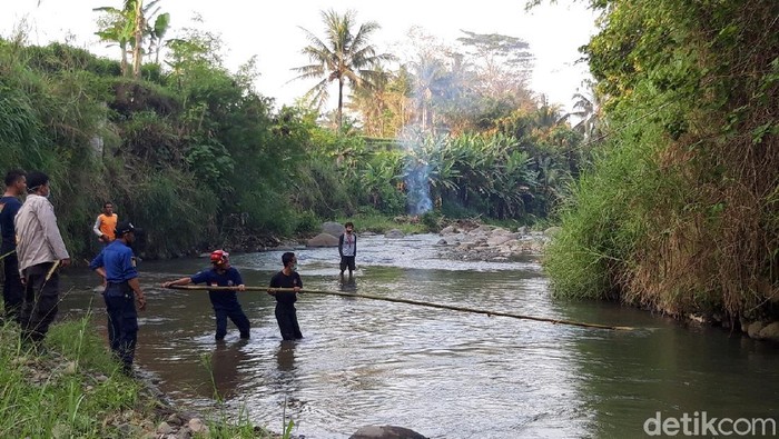 Damkar bersama relawan dan warga mencari buaya yang muncul di Kali Pepe, Boyolali, Jumat (2/7/2021).
