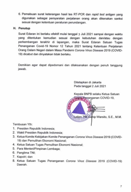 Surat Edaran-Kasatgas Nomor 14 Tahun 2021 Tentang Ketentuan Perjalanan Orang Dalam Negeri Dalam Masa Pandemi Corona Virus Disease