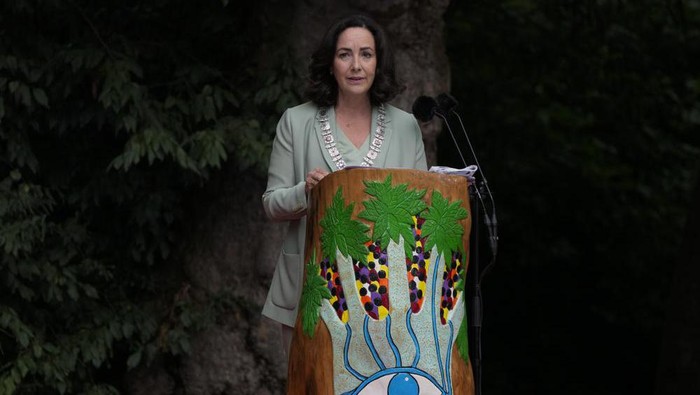 Mayor Femke Halsema apologized for the involvement of the citys rulers in the slave trade during a nationally televised annual ceremony in Amsterdam, Netherlands, Thursday, July 1, 2021, marking the abolition of slavery in its colonies in Suriname and the Dutch Antilles on July 1, 1863. The anniversary is now known as Keti Koti, which means Chains Broken. Debate about Amsterdams involvement in the slave trade has been going on for years and gained attention last year amid the global reckoning with racial injustice that followed the death of George Floyd in Minneapolis last year. (AP Photo/Peter Dejong)
