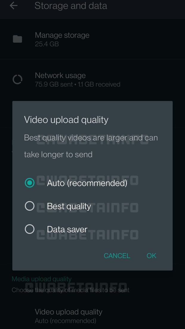 Opsi kualitas video yang ditawarkan WhatsApp