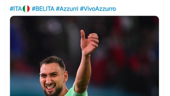 Akun Twitter resmi Italia memajang foto Donnarumma dengan caption bahwa Italia sempat diremehkan akan kesulitan di babak knock out. Foto: Twitter