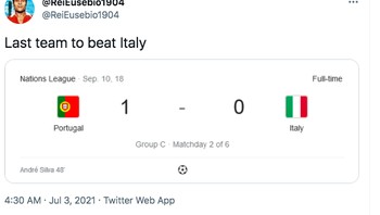 Sudah lama timnas Italia tidak kalah, terakhir kali di tahun 2018 oleh Portugal. Foto: Twitter
