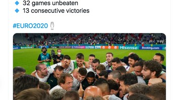 Sudah 32 kali berurutan Italia tidak pernah menelan kekalahan. Foto: Twitter