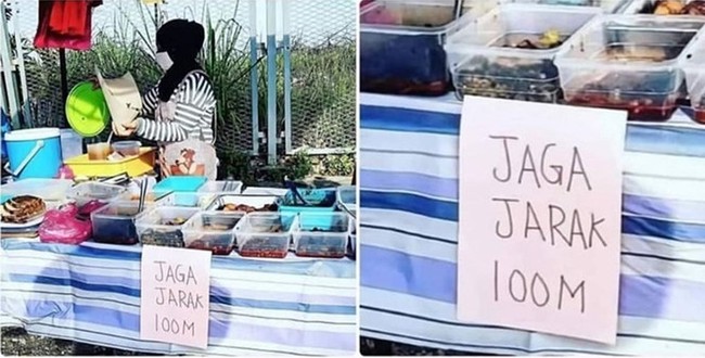 Contoh jualan yang mengikuti protokol kesehatan Covid. Tapi kalau jaga jaraknya 100 meter, ngomongnya jadi harus teriak-teriak dong? Foto: Instagram/@wkwkland_real