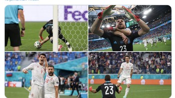 Spanyol pertama kali memastikan satu tempat di semifinal, usai mengandaskan Swiss dengan susah payah sampai adu pinalti. Keburuntungan berakhir untuk Swiss yang pakai jersey merah. Foto: Internet