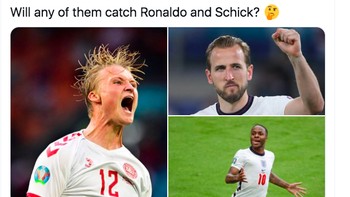 Apakah Harry Kane, Kasper Dolberg atau Raheem Sterling bisa menjadi top skor Euro 2020? Foto: Twitter
