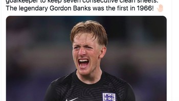 Jordan Pickford sudah tujuh kali tanpa kebobolan menjaga gawang Inggris. Foto: Twitter