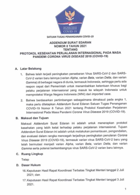 Surat Edaran Nomor 8 Tahun 2021 Tentang Protokol Kesehatan Perjalanan Internasional Pada Masa Pandemi Corona Virus Disease 2019