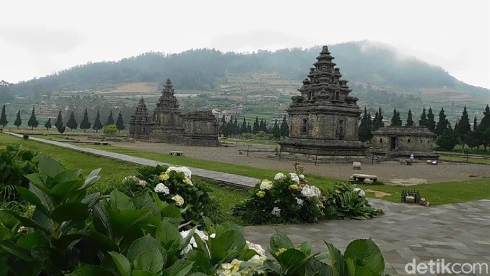 Objek wisata di dataran tinggi Dieng ditutup saat PPKM Darurat. Kondisi itu dimanfaatkan petugas untuk melakukan penyemprotan disinfektan di area Candi Arjuna.