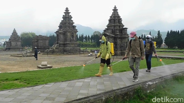 Tutup Saat PPKM Darurat, Candi Arjuna Disemprot Disinfektan Objek wisata di dataran tinggi Dieng ditutup saat PPKM Darurat. Kondisi itu dimanfaatkan petugas untuk melakukan penyemprotan disinfektan di area Candi Arjuna.