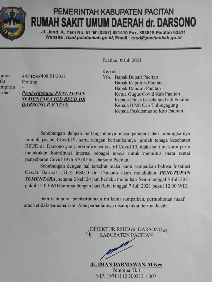 IGD RSUD dr Darsono Pacitan Tutup Usai Nakes Terpapar COVID-19
