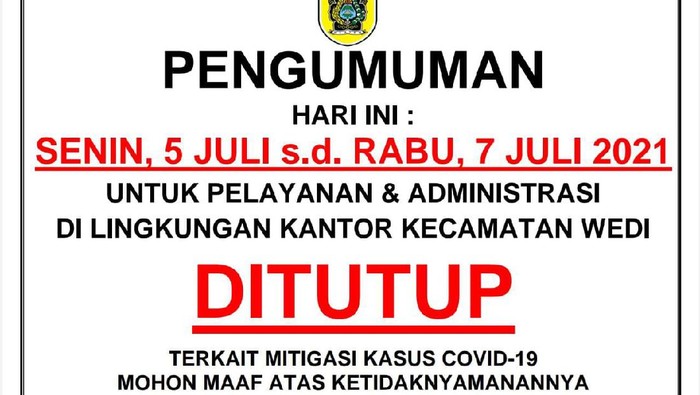 Pengumuman penutupan kantor Kecamatan Wedi, Klaten, Senin (5/7/2021).