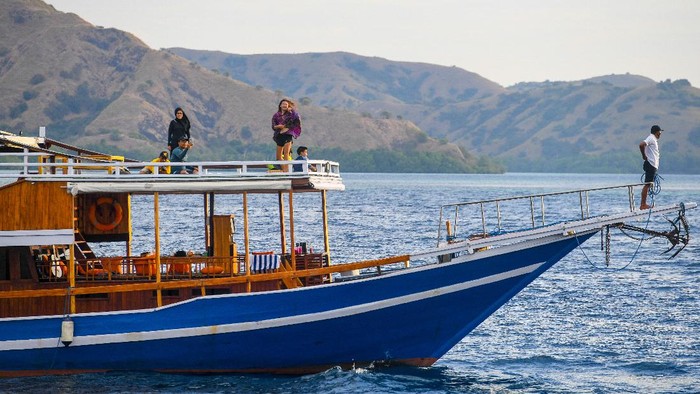 Wisatawan melihat komodo di Taman Nasional Komodo, Nusa Tenggara Timur.