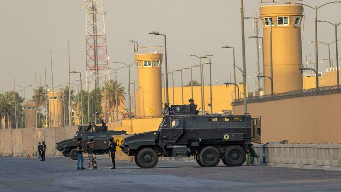Iraqi Counter Terrorism Forces stand guard outside the U.S. Embassy on May 30, 2021 in Baghdad, Iraq. Getty Images via AFP - JOHN MOORE