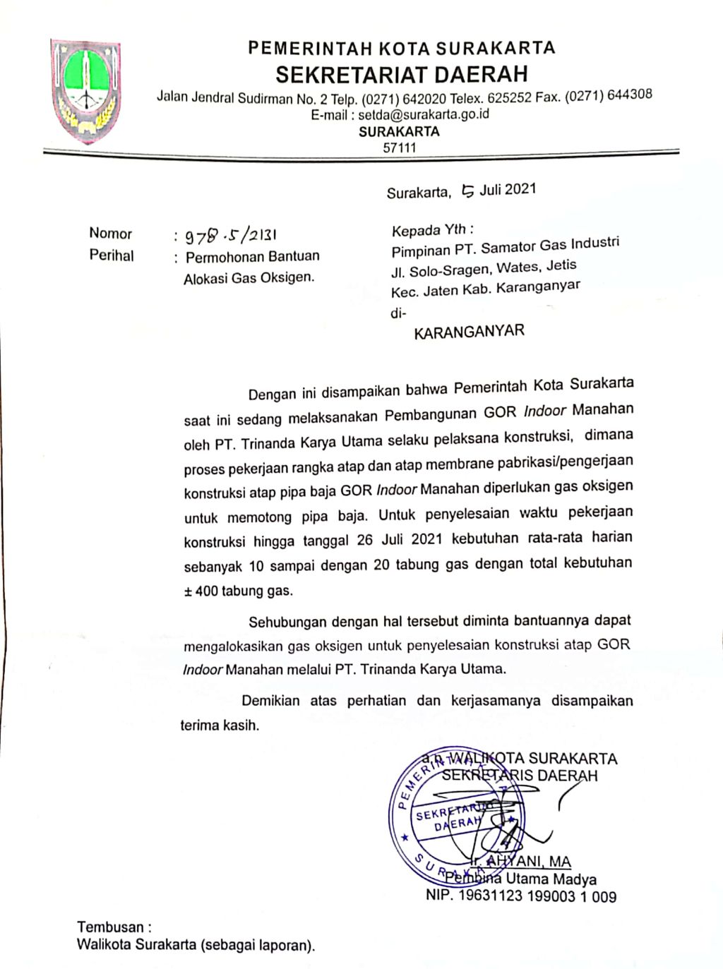 Surat Sekda Solo kepada PT Samator yang berisi permintaan stok oksigen untuk proyek GOR Manahan.