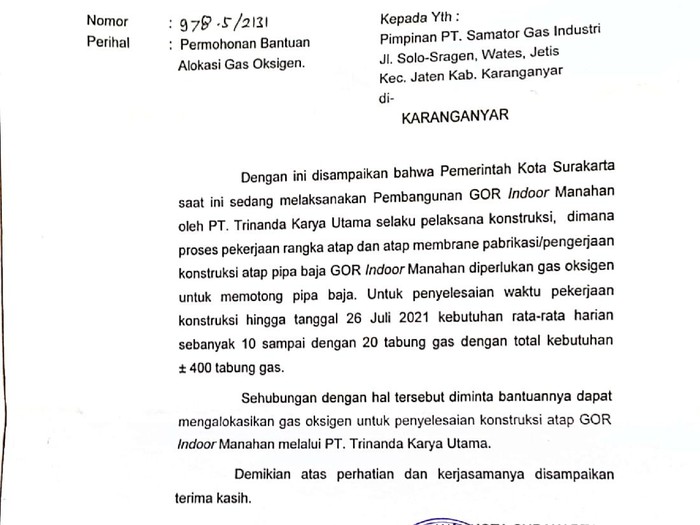 Surat Sekda Solo kepada PT Samator yang berisi permintaan stok oksigen untuk proyek GOR Manahan.