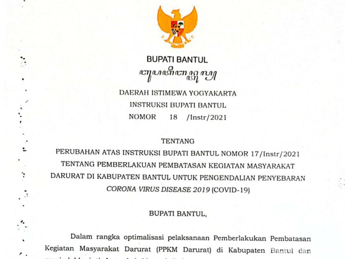 Tangkapan layar Instruksi Bupati Bantul (Inbub) No.18/instr/ 2021 tentang perubahan terhadap Inbub No.17/instr/2021 tentang PPKM Darurat di Kabupaten Bantul, Selasa (6/7/2021).