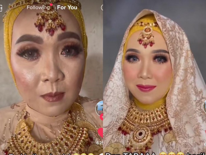 Hasil makeup MUA pilihan orangtua (kiri) dan hasil makeup kedua (kanan). Foto: Dok. Tangkap layar akun TikTok @restika.oktavia