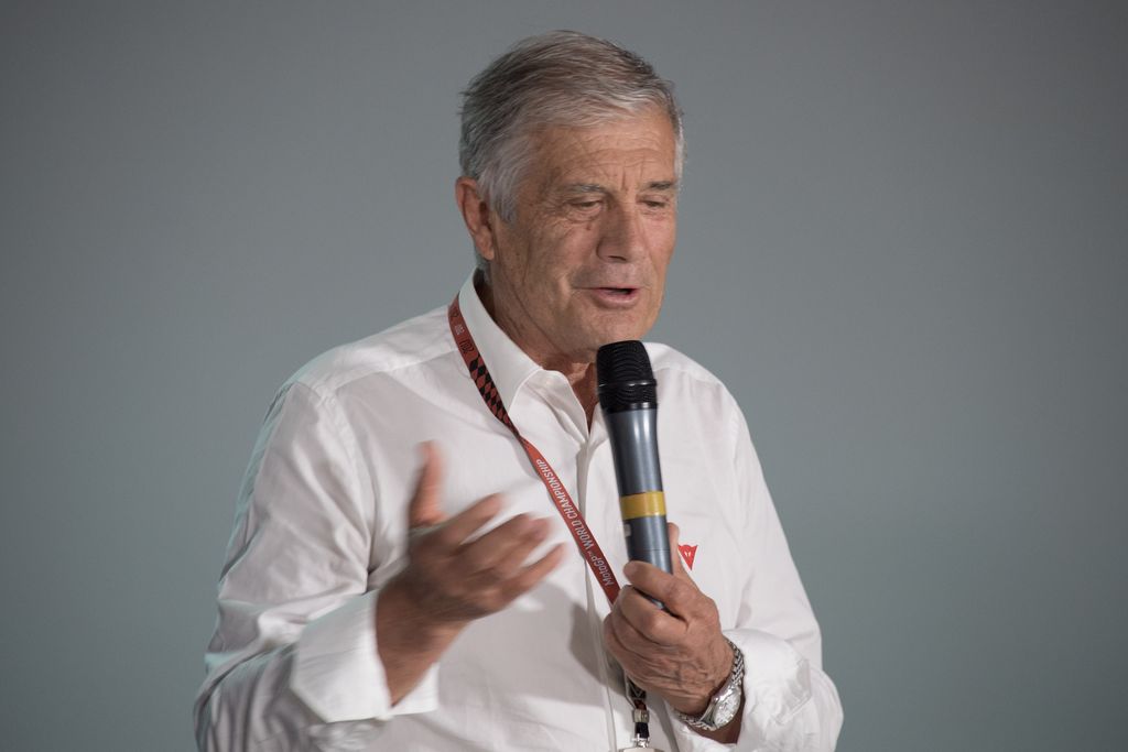 JEREZ DE LA FRONTERA, SPAIN - MAY 04:  Giacomo Agostini of Italy speaks during the press conference during the MotoGp of Spain - Previews at Circuito de Jerez on May 4, 2017 in Jerez de la Frontera, Spain.  (Photo by Mirco Lazzari gp/Getty Images)