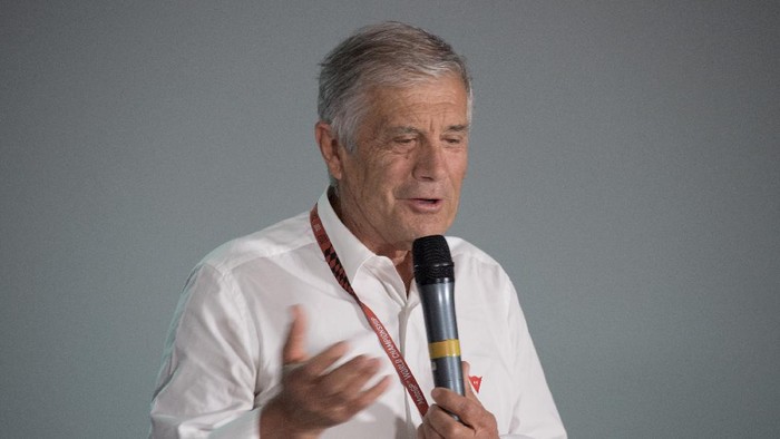 JEREZ DE LA FRONTERA, SPAIN - MAY 04:  Giacomo Agostini of Italy speaks during the press conference during the MotoGp of Spain - Previews at Circuito de Jerez on May 4, 2017 in Jerez de la Frontera, Spain.  (Photo by Mirco Lazzari gp/Getty Images)