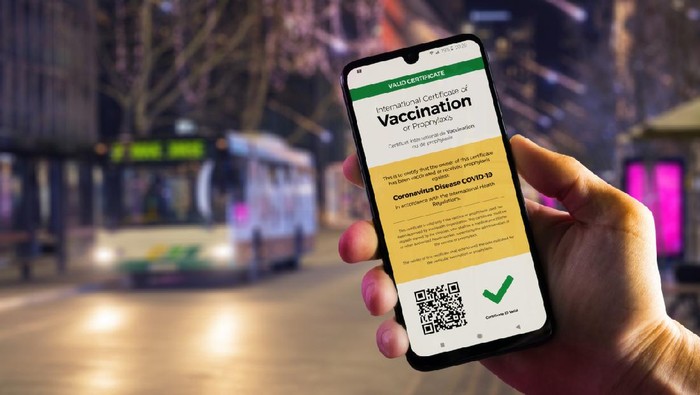 Smartphone displaying a valid digital vaccination certificate for COVID-19 in males hand, downtown and city bus in background. Vaccination, immunity passport, health and surveillance concepts