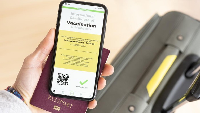 Ilustrasi Sertifikat Vaksin (Selective focus) Overhead view of an human hand holding a passport and a smart phone with a digital illustration of an example of a certificate of vaccination against the Covid-19 disease.