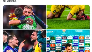 Kiper Donnarumma tak dapat menyembunyikan kegembiraannya usai menang, seperti terekam dalam foto yang dikumpulkan netizen ini. Foto: Twitter