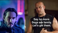 John Wick yang terkenal penyayang kepada anjing peliharaanya, ternyata turut dibantu oleh Vin Diesel yang menganggap anjing adalah keluarga. Meme kocak ini merupakan garapan akun twitter @ShivamChatak. Foto: twitter @ShivamChatak