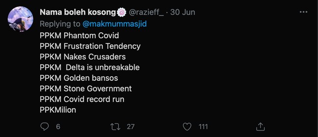 Ketika PPKM menjadi sebuah judul film. Kalau kayak gini sih udah bisa dijadiin film seri ya? Foto: Twitter/@razieff_