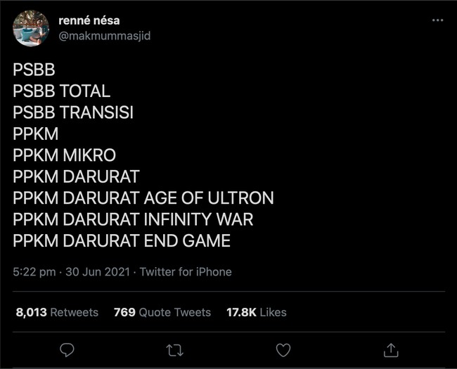 Kurang lebih begini jadinya kalau PPKM bermutasi dan digabungkan dengan judul film. Ada-ada saja memang ulah netizen Indonesia. Foto: Twitter/@makmummasjid