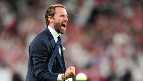 LONDON, ENGLAND - JULY 07: Gareth Southgate, Head Coach of England celebrates their sides victory after the UEFA Euro 2020 Championship Semi-final match between England and Denmark at Wembley Stadium on July 07, 2021 in London, England. (Photo by Frank Augstein - Pool/Getty Images)