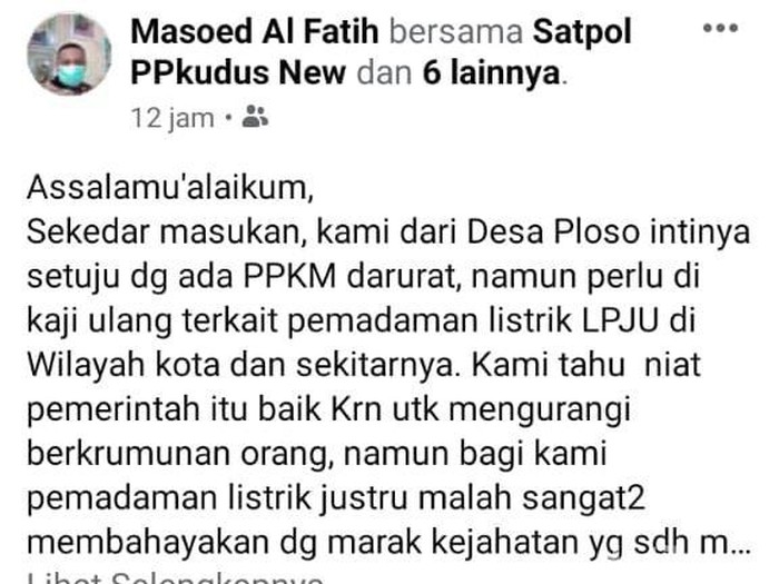 Kades Ploso Kecamatan Jati, Kudus keluhkan pemadaman lampu jalan bikin maraknya aksi pembacokan, Kamis (8/7/2021).