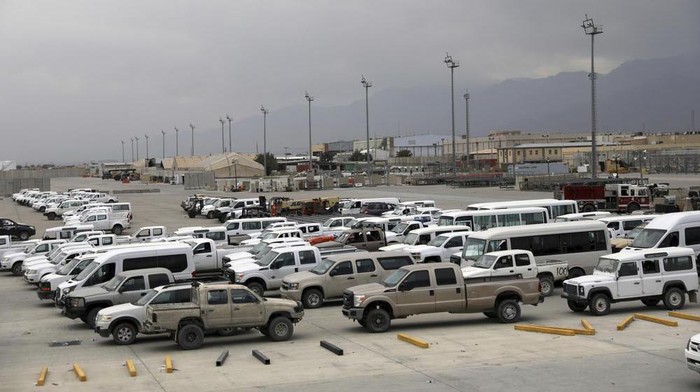 Vehicles are parked at Bagram Airfield after the American military left the base, in Parwan province north of Kabul, Afghanistan, Monday, July 5, 2021. The U.S. left Afghanistans Bagram Airfield after nearly 20 years, winding up its 