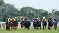 Sejumlah joki memacu kudanya saat bersaing dalam balap kuda Great Yarmouth Racecourse.