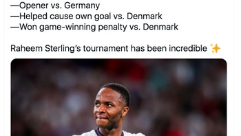 Pujian pun dilayangkan pada Raheem Strerling yang terus bersinar di Euro 2020. Foto: Twitter