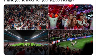 Twitter resmi timnas Inggris banyak memajang kemenangan atas Denmar. Terima kasih atas dukungan kalian, kata mereka. Foto: Twitter