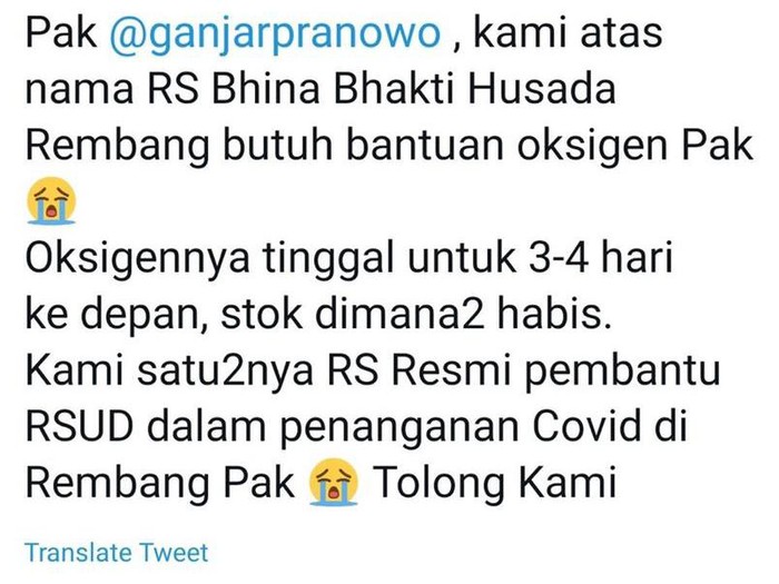 RS Bhina Bahkti Husada Rembang kehabisan oksigen, Kamis (8/7/2021).