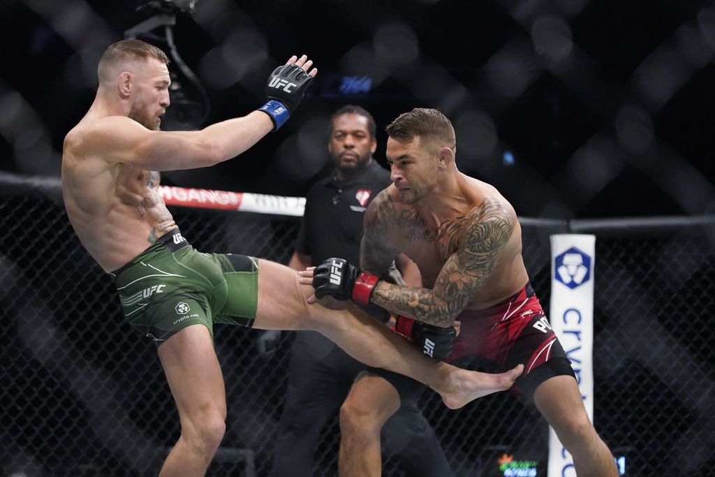 Conor McGregor prepares to fight Dustin Poirier in a UFC 264 lightweight mixed martial arts bout Saturday, July 10, 2021, in Las Vegas. (AP Photo/John Locher)
