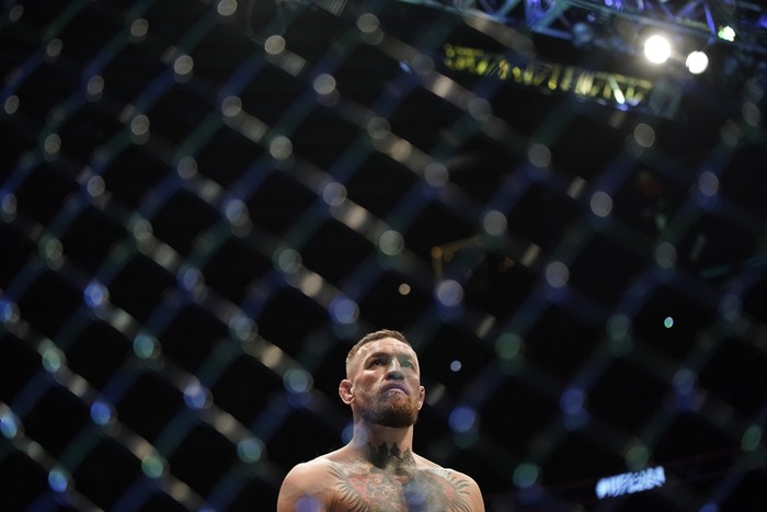 Conor McGregor prepares to fight Dustin Poirier in a UFC 264 lightweight mixed martial arts bout Saturday, July 10, 2021, in Las Vegas. (AP Photo/John Locher)